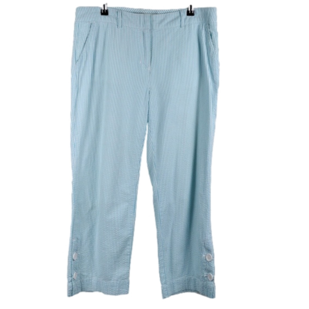 TOMMY Hilfiger Blue Pin Striped Seersucker Mid Rise Straight Leg Ankle Pants